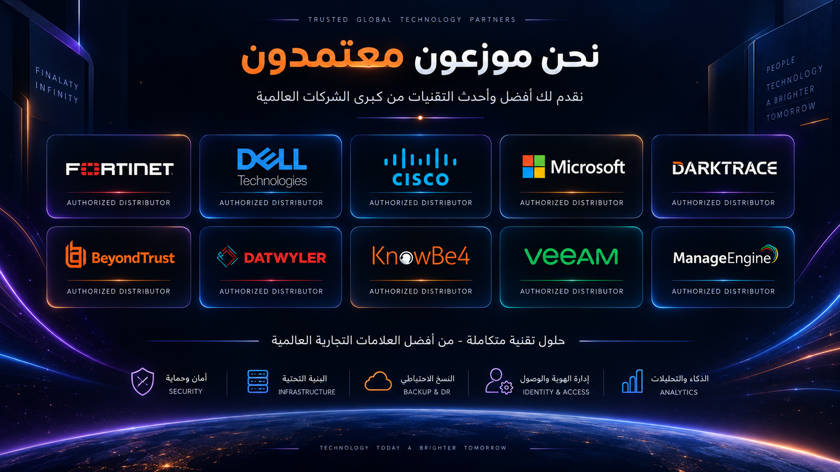 نحن موزعون معتمدون — Fortinet، Dell Technologies، Cisco، Microsoft، Darktrace، BeyondTrust، Datwyler، KnowBe4، Veeam، ManageEngine. حلول للأمن والبنية التحتية والنسخ الاحتياطي وإدارة الهوية والتحليلات.